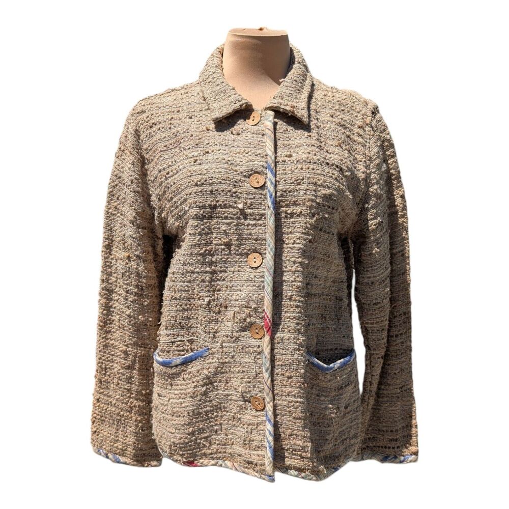 The Territory Ahead Jacket Women Medium Neutral Tan 100% Silk Textured Button Up